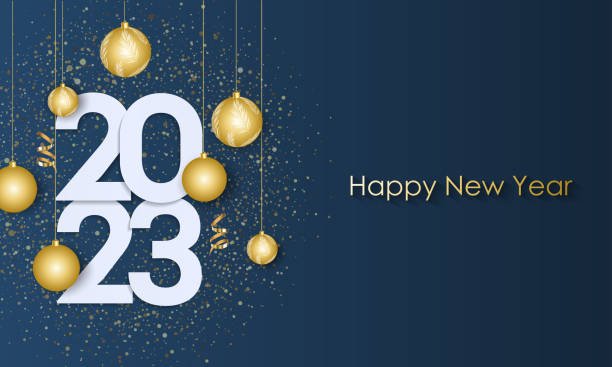 Happy New Year 2023. Holiday greeting banner with balloons and the inscription